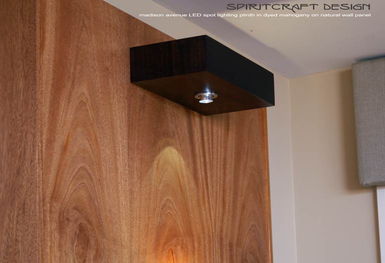 Interior Design Accents - Mid-Century style bedroom headboard wall unit with LED spot lighting for Lincoln Park Chicago interior design client by Spiritcraft Furniture of East Dundee, Illinois