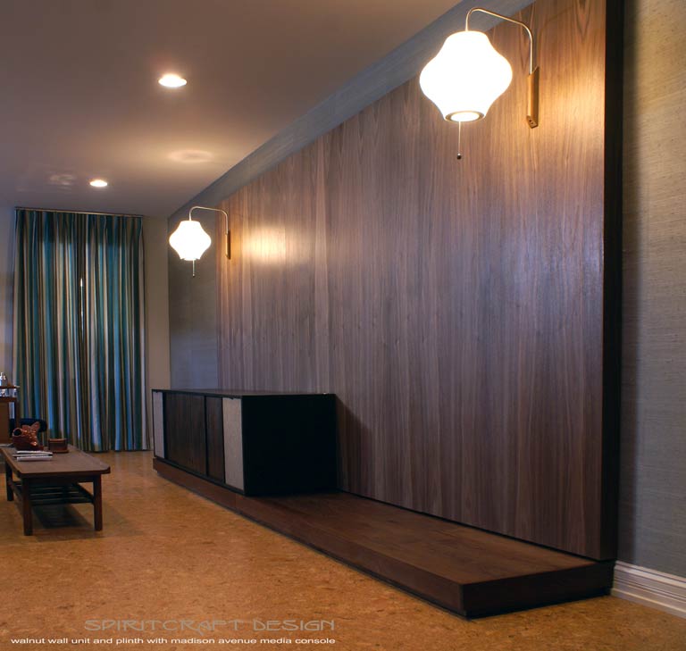 Interior Design Accents - Walnut hardwood mid century style wall unit, console and plinth in Elmhurst, Illinois by Spiritcraft Design Furniture of East Dundee, IL