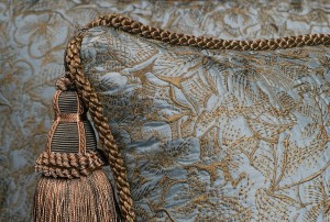 Pollack Swiss Silk Brocade Pillow with Kravet Design Cord Trim and Tassel by Spiritcraft Pillows