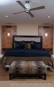 Master Bedroom Interior Design window treatments, leopard bench, draperies, pillows and mahogany wall panel in Lincoln Park and Crystal Lake, IL