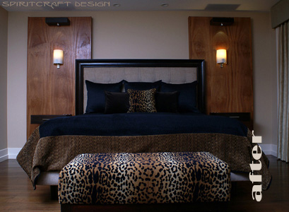 Master Bedroom Interior Design window treatments, leopard bench, draperies, pillows and mahogany wall panel in Lincoln Park and Crystal Lake, IL